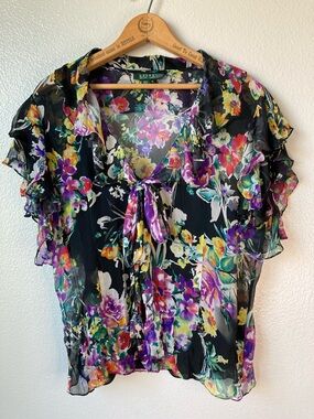 Lauren Ralph Lauren floral silk blouse Ruffles Flutter Sleeves Button up sz XL